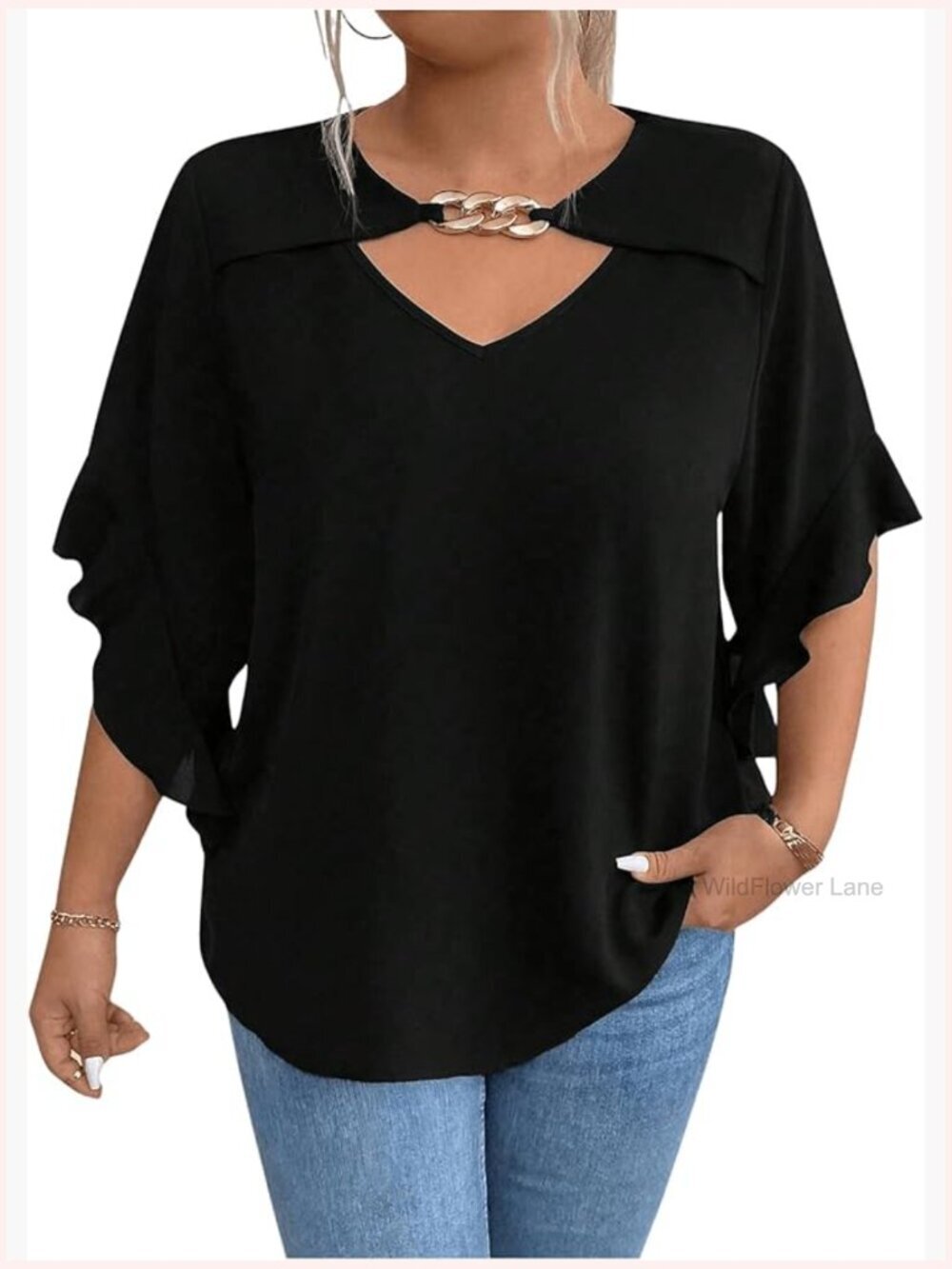 Plus Size Keyhole Neck Blouse Ruffle Half Sleeve Top